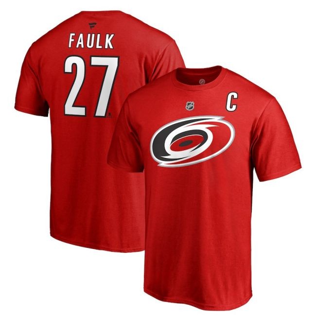 Tričko 27 Justin Faulk Stack Logo Name & Number Carolina - Carolina Hurricanes Trička