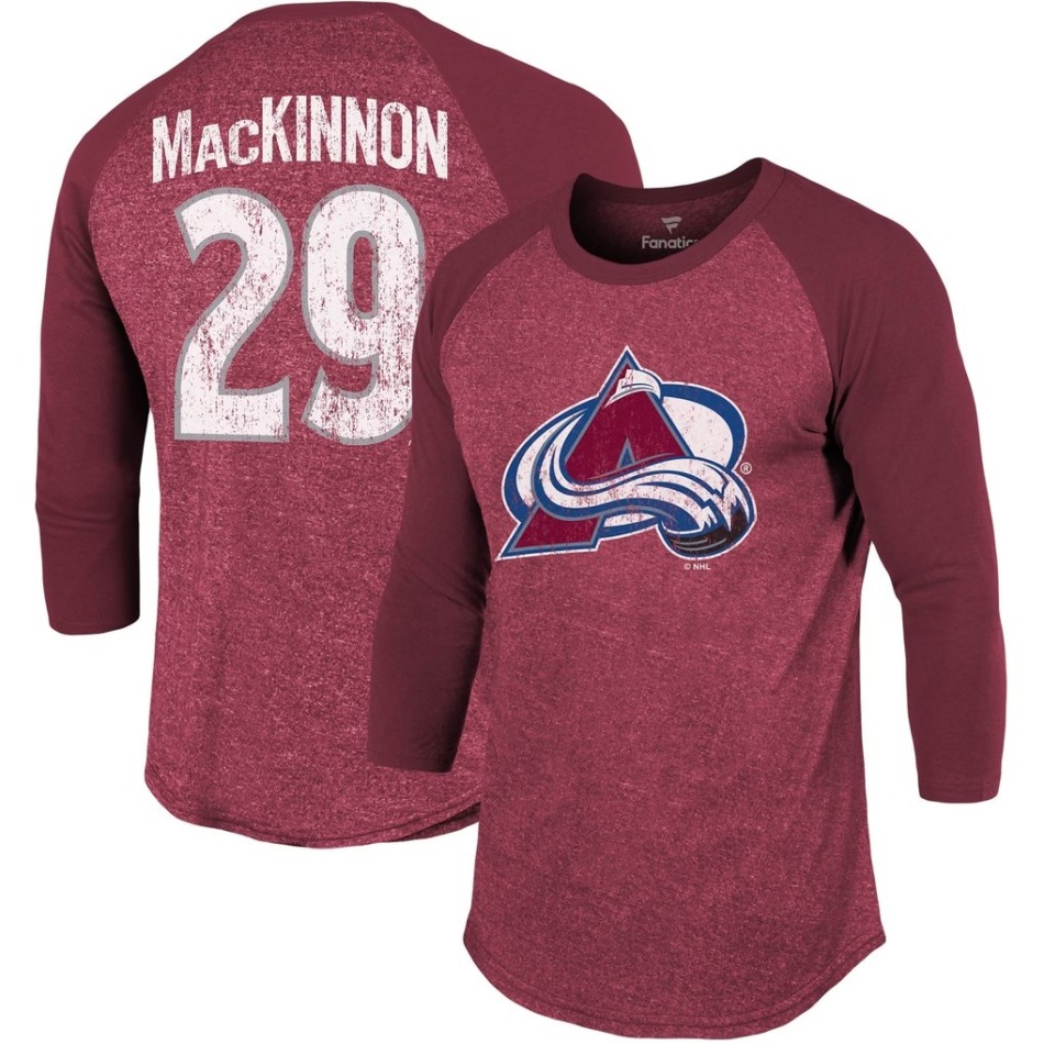 Colorado Avalanche pánské tričko NHL Name & Number Tri-Blend Raglan 3/4-Sleeve T-Shirt - Burgundy - Colorado Avalanche trička, polo trička, košile