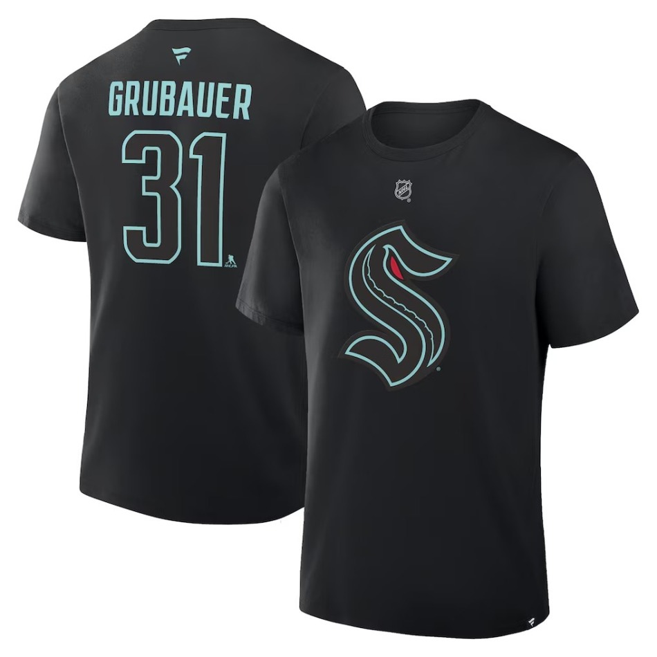 Seattle Kraken pánské tričko NHL Philipp Grubauer #31 Authentic Stack Name & Number T-Shirt - Black - Seattle Kraken trička, polo trička, košile