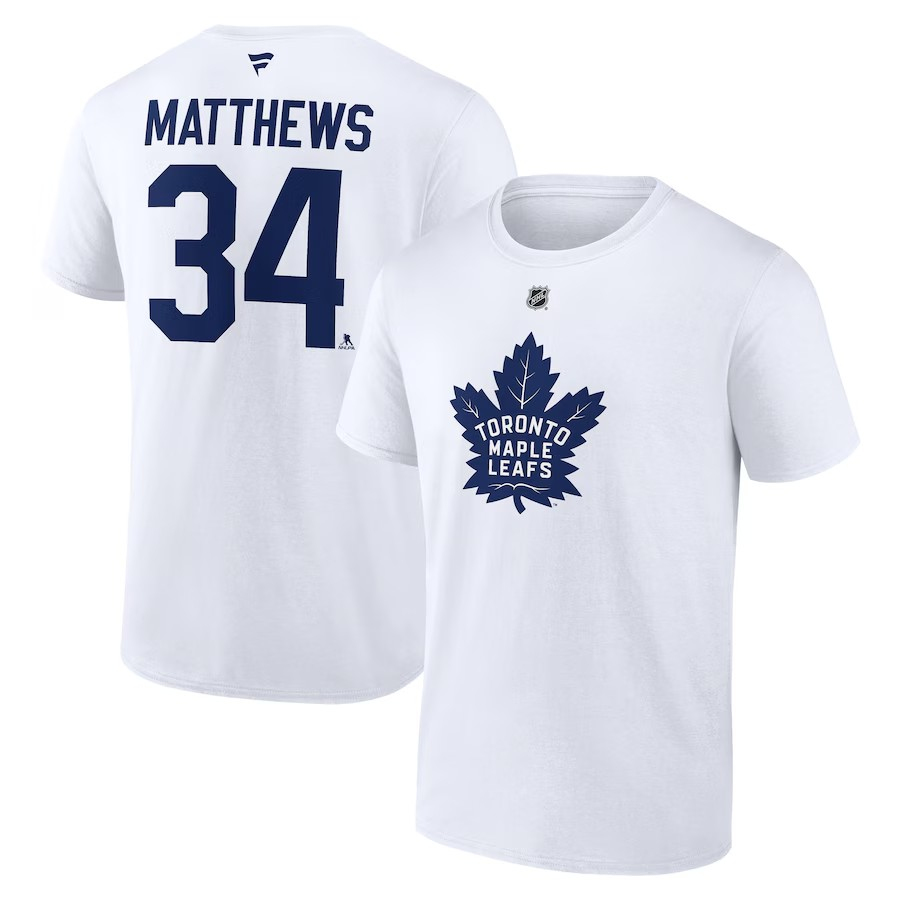 Toronto Maple Leafs pánské tričko Auston Matthews #34 Fanatics Authentic Stack Name & Number T-Shirt - White - Toronto Maple Leafs trička, polo trička, košile